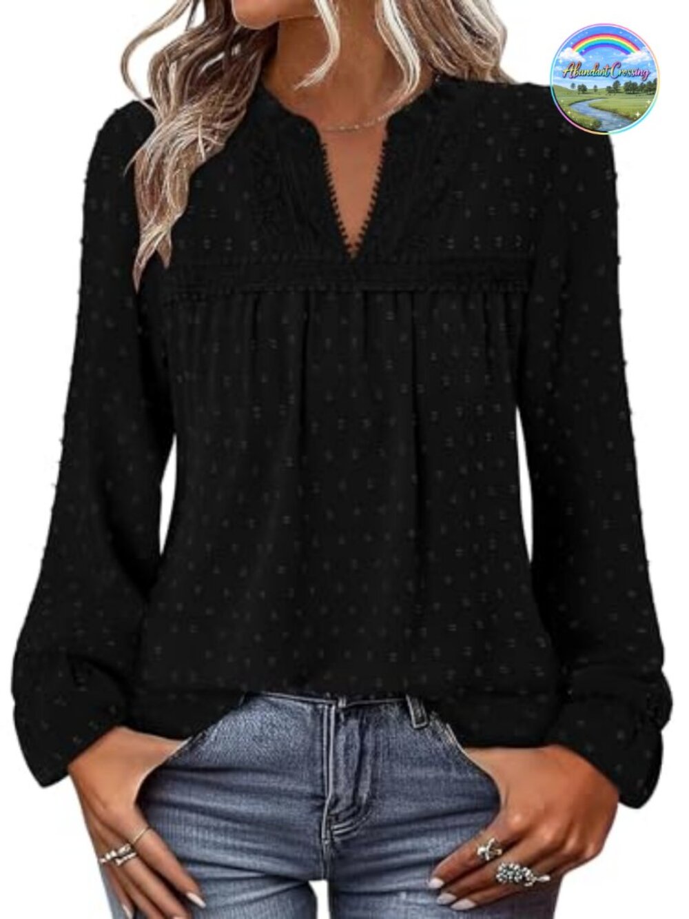 Womens Chiffon Swiss Dot Tunic Blouse V Neck Long Sleeve Flowy Boho Top